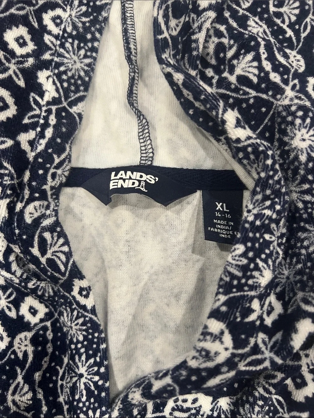 Lands' End Navy and White Printed Hooded Pullover